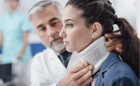 A medical professional adjusts a neck brace on a patient in a clinical setting, indicating attention to neck injury care