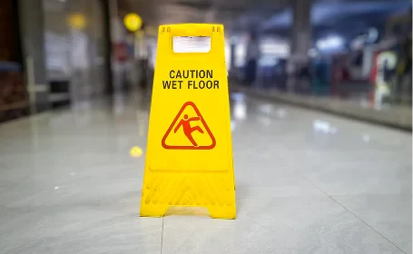 A bright yellow caution sign reading 'Caution Wet Floor' stands on a clean, glossy floor in a public space